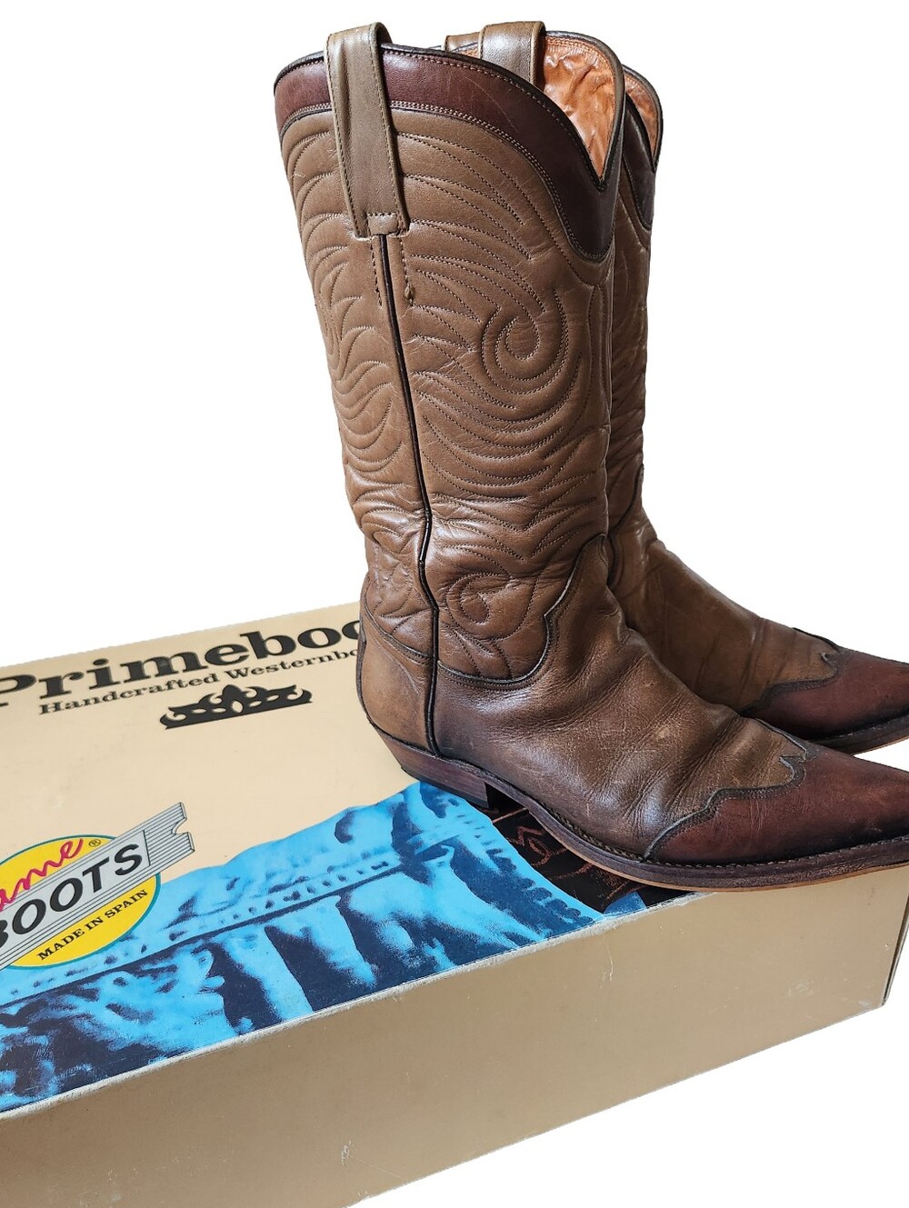 Genuine Leather Cowboy Western Boots Brown Taupe Made In Spain size 37